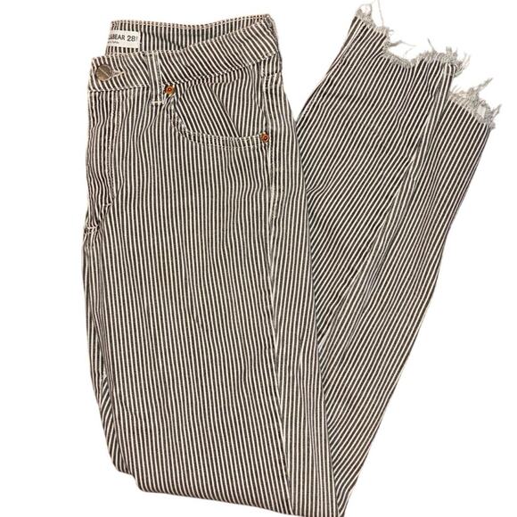 PULL&BEAR Striped Skinny Crop Jeans Sz 28 Gray White Raw Hem Stretch Cotton - Picture 1 of 14